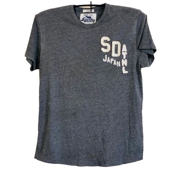 Superdry Japan Spirit British Style Heather Gray Letterman Style T-Sirt Sz L - Picture 1 of 8